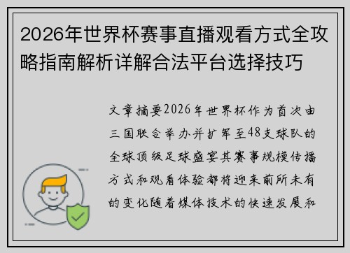 2026年世界杯赛事直播观看方式全攻略指南解析详解合法平台选择技巧
