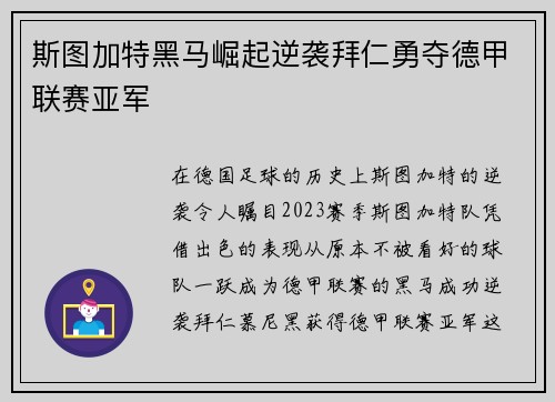 斯图加特黑马崛起逆袭拜仁勇夺德甲联赛亚军